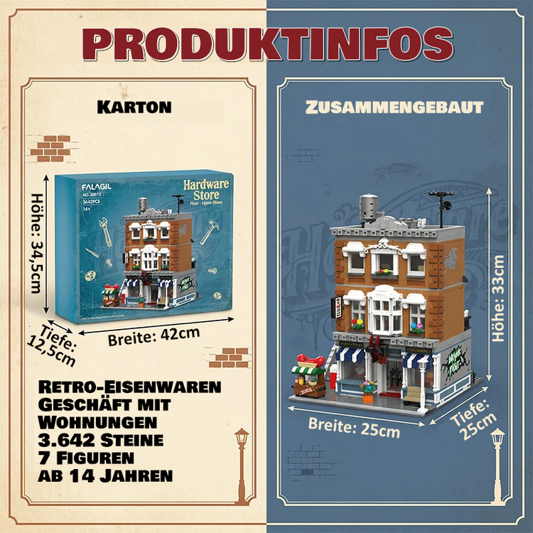 Retro-Eisenwaren-Geschäft – 3.642-teiliges Modular Building mit 7 Figuren | LEGO®-kompatibel