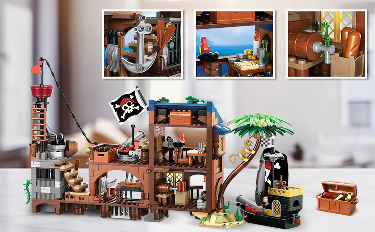 Piraten-Kai mit Beleuchtung – Klemmbaustein-Set mit Piratenhaus, 3 Umbauvarianten und Zubehör