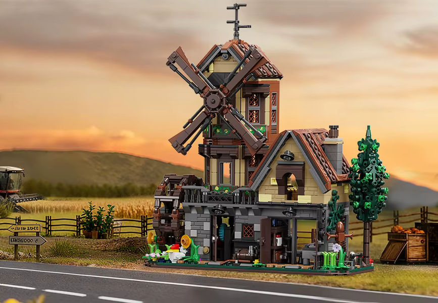 Windmühle mit Wasserrad – 1.580-teiliges Klemmbaustein-Modell mit LED-Beleuchtung | LEGO®-kompatibel