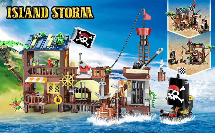 Piraten-Kai mit Beleuchtung – Klemmbaustein-Set mit Piratenhaus, 3 Umbauvarianten und Zubehör