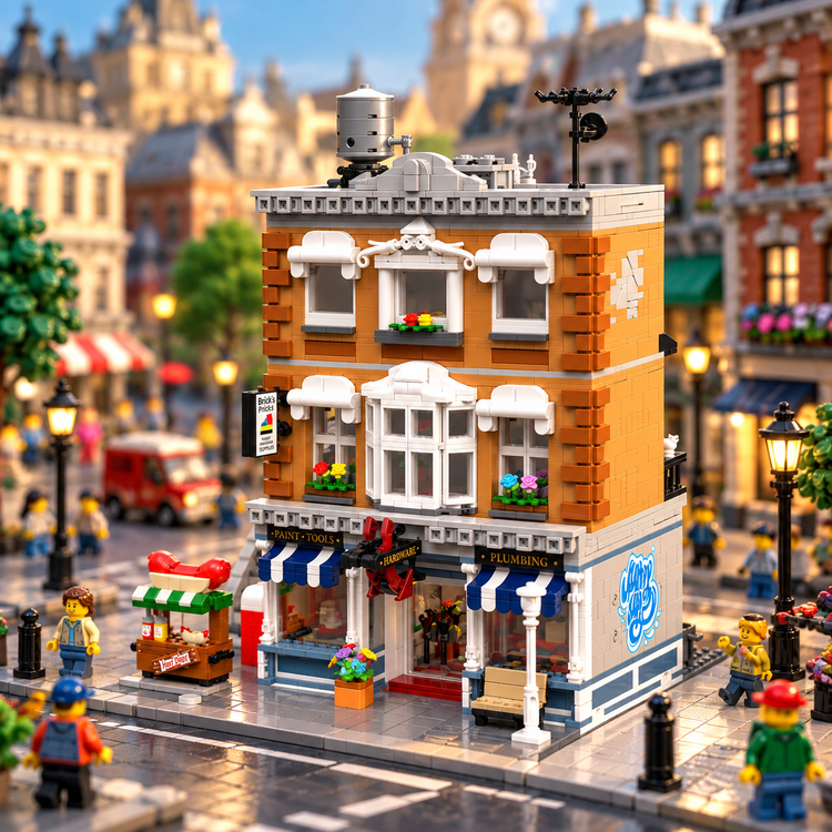 Retro-Eisenwaren-Geschäft – 3.642-teiliges Modular Building mit 7 Figuren | LEGO®-kompatibel