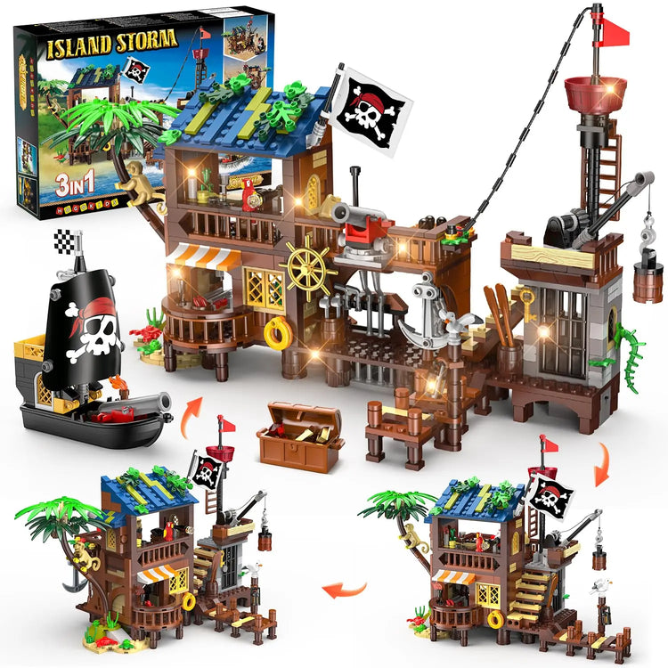 Piraten-Kai mit Beleuchtung – Klemmbaustein-Set mit Piratenhaus, 3 Umbauvarianten und Zubehör