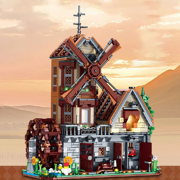 Windmühle mit Wasserrad – 1.580-teiliges Klemmbaustein-Modell mit LED-Beleuchtung | LEGO®-kompatibel