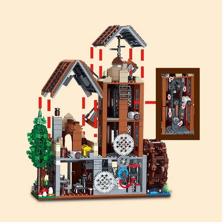 Windmühle mit Wasserrad – 1.580-teiliges Klemmbaustein-Modell mit LED-Beleuchtung | LEGO®-kompatibel