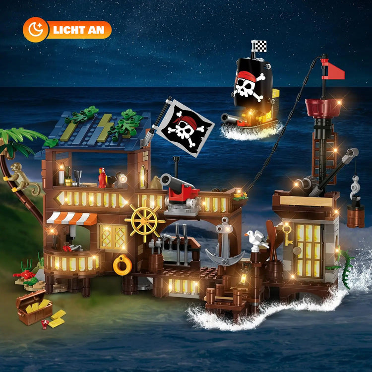 Piraten-Kai mit Beleuchtung – Klemmbaustein-Set mit Piratenhaus, 3 Umbauvarianten und Zubehör