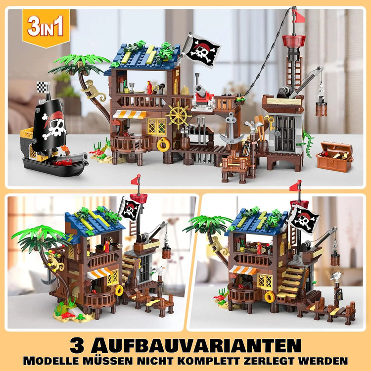 Piraten-Kai mit Beleuchtung – Klemmbaustein-Set mit Piratenhaus, 3 Umbauvarianten und Zubehör