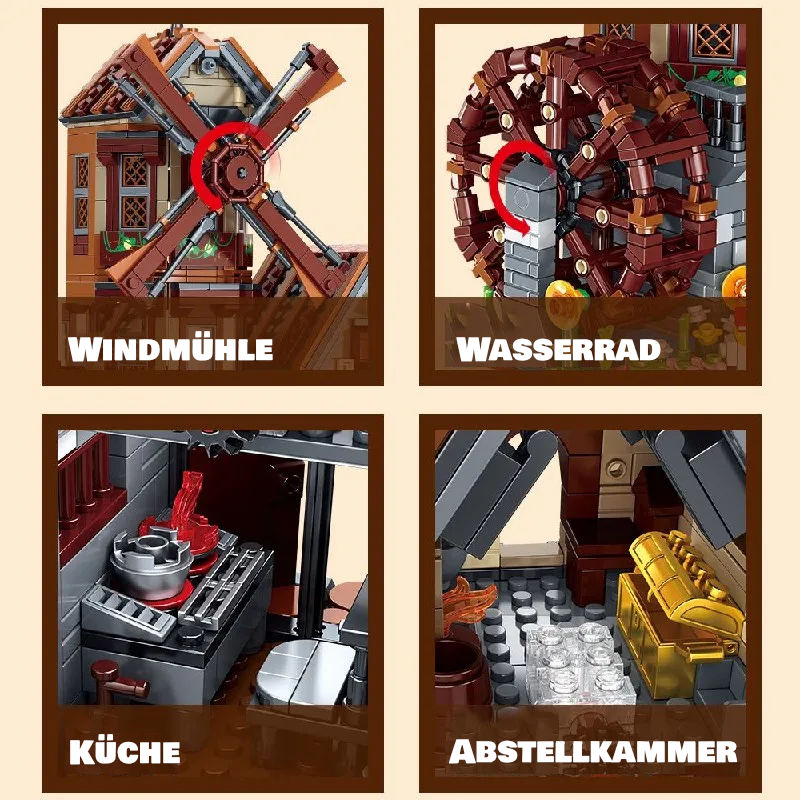 Windmühle mit Wasserrad – 1.580-teiliges Klemmbaustein-Modell mit LED-Beleuchtung | LEGO®-kompatibel