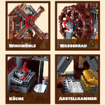 Windmühle mit Wasserrad – 1.580-teiliges Klemmbaustein-Modell mit LED-Beleuchtung | LEGO®-kompatibel