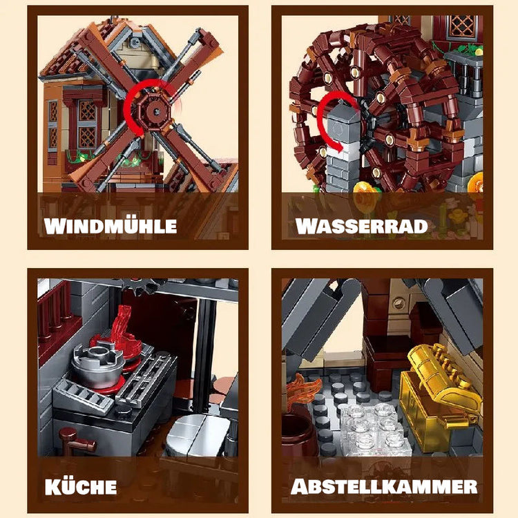 Windmühle mit Wasserrad – 1.580-teiliges Klemmbaustein-Modell mit LED-Beleuchtung | LEGO®-kompatibel