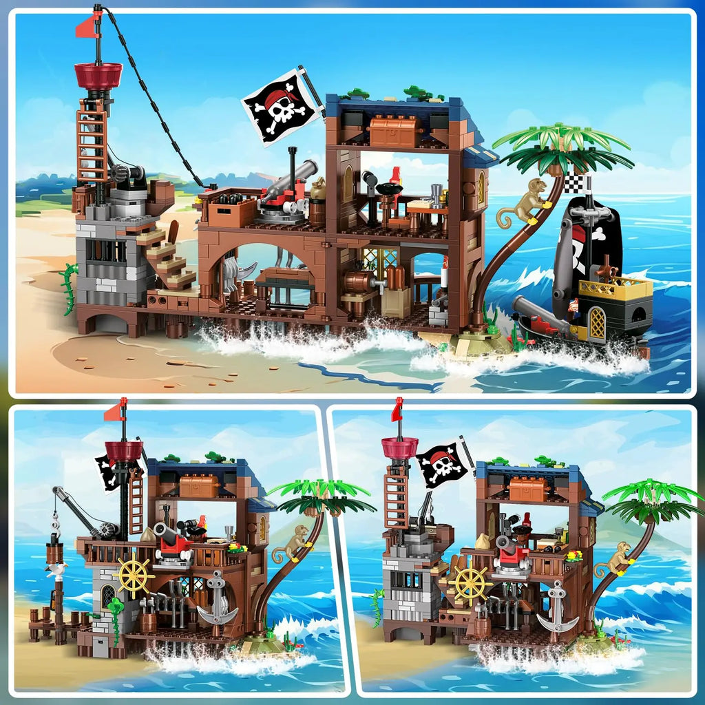 Piraten-Kai mit Beleuchtung – Klemmbaustein-Set mit Piratenhaus, 3 Umbauvarianten und Zubehör
