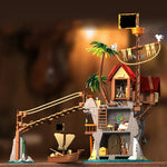 Pirateninsel-Hängebrücken-Baustein-Set – Modulare Karibik-Szene mit Felsen und Palmen