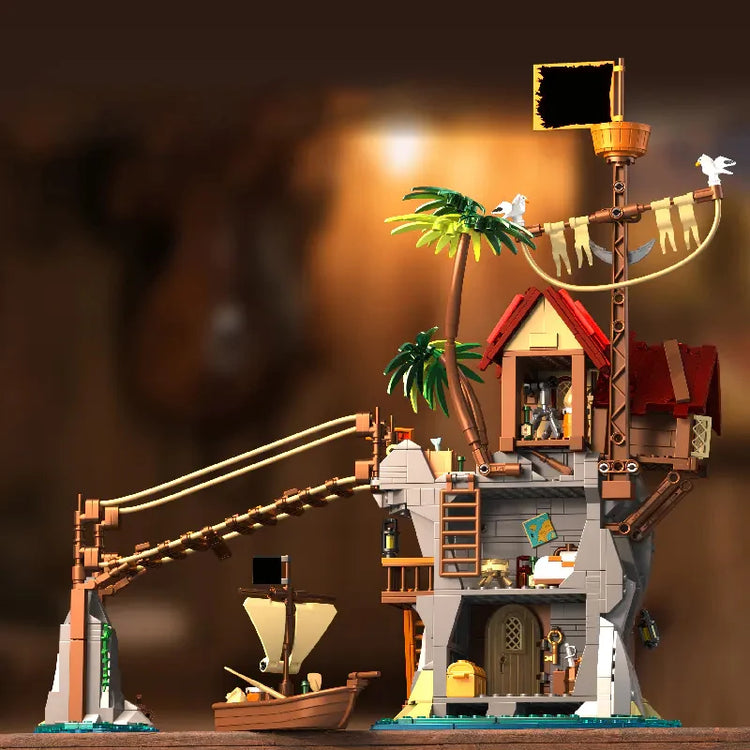 Pirateninsel-Hängebrücken-Baustein-Set – Modulare Karibik-Szene mit Felsen und Palmen