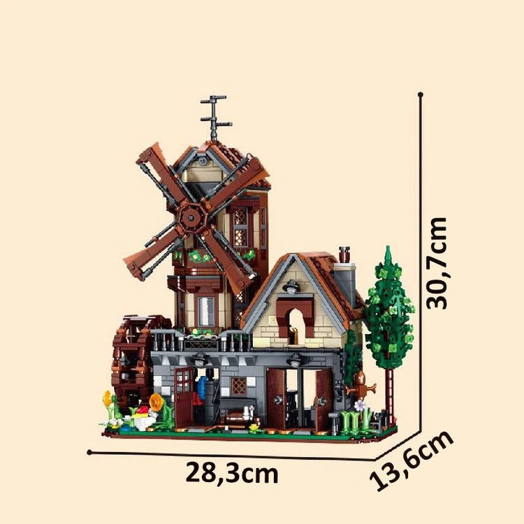 Windmühle mit Wasserrad – 1.580-teiliges Klemmbaustein-Modell mit LED-Beleuchtung | LEGO®-kompatibel