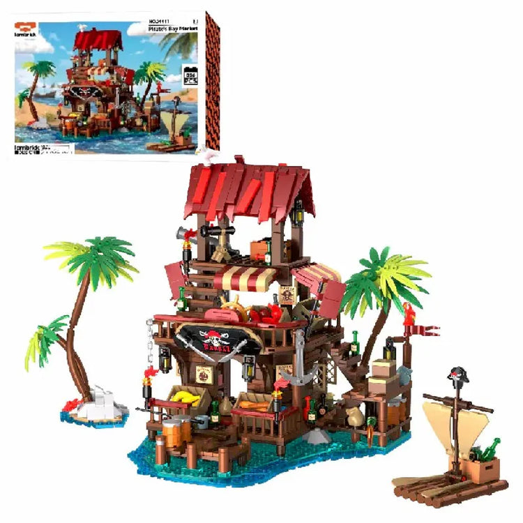 Pirateninsel Festung Baustein-Set – Modulare Karibik-Szene mit Felsen, Palmen und Boot