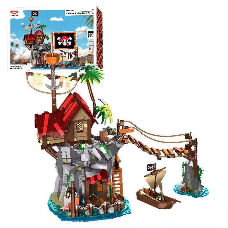 Pirateninsel-Hängebrücken-Baustein-Set – Modulare Karibik-Szene mit Felsen und Palmen