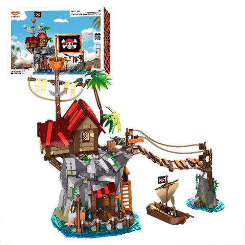 Pirateninsel-Hängebrücken-Baustein-Set – Modulare Karibik-Szene mit Felsen und Palmen